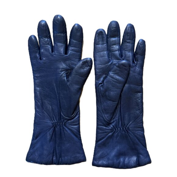 Vintage Women's Navy Blue Wool-Lined Pleather Gloves, Winter Wear - Picture 2 of 6